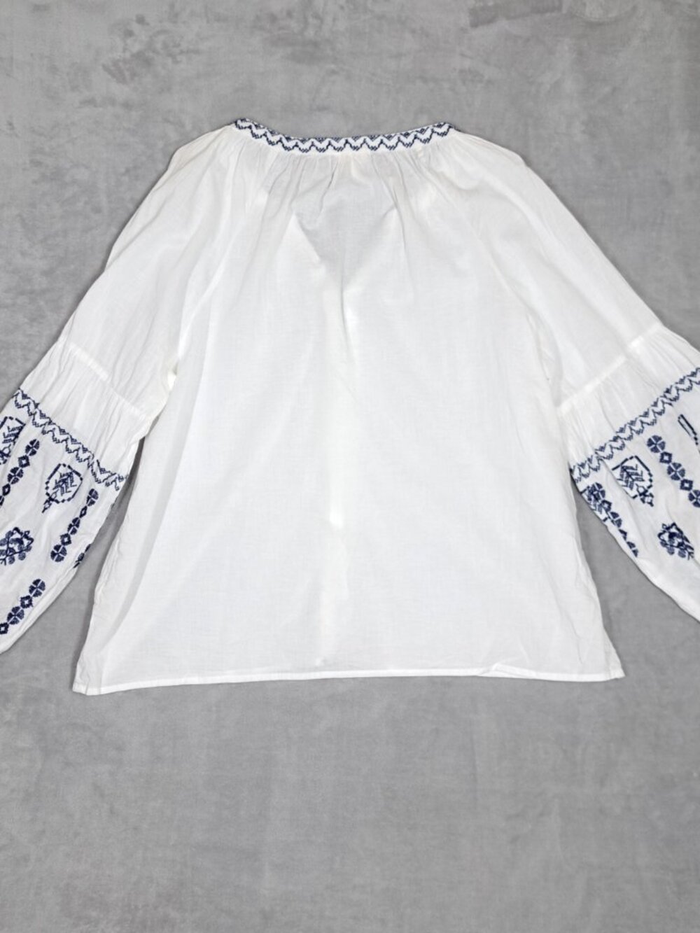 Nicole Miller Peasant Blouse L Top Boho Festival Cottagecore Coastal White Blue - Picture 4 of 8